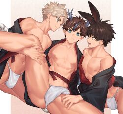 Rule 34 | 3boys, :d, abs, animal ears, aqua eyes, bare legs, bare pectorals, bare shoulders, black hanfu, blue eyes, brown hair, bulge, chinese clothes, chinese zodiac, collarbone, commentary request, covered penis, dragon boy, dragon horns, dutch angle, fundoshi, hand on another&#039;s thigh, hanfu, highres, horns, japanese clothes, knee up, kneeling, light frown, light smile, long sleeves, looking at another, looking at viewer, male focus, multicolored hair, multiple boys, navel, nayoshi (r-744), nipples, off shoulder, open clothes, open mouth, orange eyes, original, outside border, paid reward available, pectorals, profile, rabbit boy, rabbit ears, short hair, side-by-side, sitting, smile, spiked hair, spread legs, tail, thigh grab, tiger boy, tiger ears, tiger tail, toned, toned male, variant set, white hair, wide sleeves, yaoi