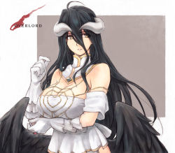 Rule 34 | ahoge, albedo (overlord), bare shoulders, black feathers, black wings, breasts, cleavage, demon girl, demon horns, demon wings, detached collar, dress, feathered wings, feathers, gloves, hair between eyes, hip vent, horns, large breasts, low wings, overlord (maruyama), parted lips, slit pupils, solo, user xgpy8228, white dress, white gloves, wings, yellow eyes