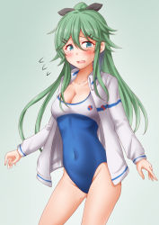 Rule 34 | 1girl, anti (untea9), bare legs, black ribbon, blue one-piece swimsuit, breasts, competition school swimsuit, covered navel, cowboy shot, embarrassed, gradient background, green background, green eyes, green hair, hair between eyes, hair flaps, hair ornament, hair ribbon, hairclip, high school fleet, highres, jacket, kantai collection, long hair, long sleeves, looking at viewer, medium breasts, neckerchief, one-piece swimsuit, open mouth, ponytail, ribbon, school swimsuit, solo, sweatdrop, swimsuit, tears, white jacket, white one-piece swimsuit, yamakaze (kancolle)