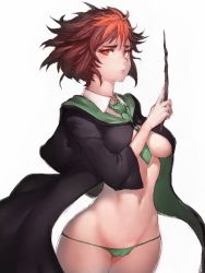 Rule 34 | 1girl, bikini, breasts, brown hair, cameltoe, fumio (rsqkr), green bikini, harry potter: hogwarts mystery, harry potter (series), hip focus, hogwarts school uniform, leaf, looking at viewer, medium breasts, merula snyde, multicolored hair, necktie, orange hair, red eyes, school uniform, short hair, solo, swimsuit, thick eyebrows, thighs, underboob, wand, white background, wide hips, wizarding world