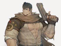 Rule 34 | 1boy, abs, antonio (gyee), bad id, bad twitter id, bandaged arm, bandages, bara, brown hair, brown scarf, chest hair, ear piercing, facial hair, goatee, gun, gyee, hair between eyes, holding, holding gun, holding weapon, large pectorals, male focus, mature male, muscular, muscular male, navel hair, partially unbuttoned, pectoral cleavage, pectorals, piercing, scarf, sdz (inazuma), short hair, sideburns, sleeves rolled up, solo, spiked hair, stomach, upper body, weapon