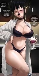 Rule 34 | 1girl, absurdres, black hair, black nails, blush, bra, breasts, chi-chi (dragon ball), cleavage, closed eyes, collarbone, cup, dragon ball, dragonball z, drinking glass, drunk, echo saber, english text, female focus, hand on own hip, hiccup, highres, indoors, large breasts, long hair, nail polish, navel, open mouth, patreon logo, patreon username, red wine, robe, sidelocks, sink, solo, speech bubble, squeans, standing, talking, teeth, thighs, underwear, upper teeth only, watermark, web address, wine glass