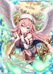Rule 34 | 1girl, akkijin, angel, angel wings, bare shoulders, blue eyes, breasts, card (medium), city, cleavage, finger to mouth, flying, gauntlets, gloves, halo, hat, hitodama, large breasts, looking at viewer, official art, pink hair, shinkai no valkyrie, thighhighs, white gloves, wings