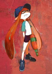 Rule 34 | 1girl, bike shorts, blunt bangs, clenched teeth, frown, full body, hat, hekoko, inkling, inkling girl, inkling player character, long hair, looking up, nintendo, orange background, pointy ears, red background, shirt, shoelaces, shoes, short hair with long locks, simple background, solo, splatoon (series), splatoon 1, splattershot (splatoon), standing, super soaker, t-shirt, teeth, tentacle hair, twintails, very long hair
