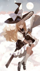 Rule 34 | 1girl, above clouds, black footwear, black hat, black skirt, black vest, blonde hair, bow, broom, broom riding, closed mouth, cloud, commentary, expressionless, frilled skirt, frills, full body, full moon, grey sky, hair bow, hand on own knee, hat, hat bow, highres, kirisame marisa, long hair, looking at viewer, mary janes, moon, puffy short sleeves, puffy sleeves, qtonagi, shirt, shoes, short sleeves, skirt, sky, socks, solo, touhou, vest, white bow, white shirt, white socks, witch hat, wristband, yellow eyes