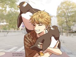 Rule 34 | 1boy, animal, animal hug, animal on back, bird, blonde hair, brown coat, carrotsprout, chainsaw man, closed eyes, coat, denji (chainsaw man), facing to the side, highres, outdoors, parted lips, penguin, road, short hair, smile, street, tree, twitter username