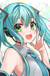 Rule 34 | 1girl, absurdres, aqua eyes, aqua hair, aqua nails, armpits, bare shoulders, black sleeves, blue hair, blush, collared shirt, commentary request, detached sleeves, from side, gradient hair, green hair, hair between eyes, hair ornament, hair over shoulder, halha 20, hand on own face, hatsune miku, head tilt, headgear, headset, highres, long hair, looking at viewer, microphone, multicolored background, multicolored hair, nail polish, open mouth, parted bangs, pleated shirt, shirt, sidelocks, signature, simple background, sleeveless, sleeveless shirt, smile, solo, teeth, twintails, upper teeth only, very long hair, vocaloid, waving, white shirt, wide sleeves