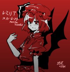 Rule 34 | 1girl, bat wings, character name, female focus, from side, hat, mob cap, monochrome, red background, red theme, remilia scarlet, solo, touhou, wings