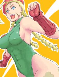 1girl abs acid_(acid-field) acid_(artist) ahoge antenna_hair bad_id bad_pixiv_id beret blonde_hair blue_eyes bodypaint braid breasts cammy_white camouflage capcom covered_erect_nipples female_focus fingerless_gloves gloves hat huge_ahoge leotard long_hair open_mouth scar sideboob skin_tight smile solo street_fighter thong_leotard twin_braids