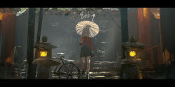 Rule 34 | 1girl, absurdres, alcxome, arm at side, bicycle, black footwear, black skirt, closed mouth, commentary, glowing, grey eyes, hand up, highres, holding, holding umbrella, letterboxed, long sleeves, looking down, medium hair, neck ribbon, oil-paper umbrella, original, rain, red shirt, ribbon, shirt, shoes, skirt, solo, standing, stone lantern, umbrella, white hair, wide shot