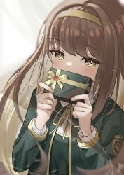Rule 34 | 1girl, absurdres, blush, box, brown hair, covering own mouth, emblem, gift, gift box, hair intakes, hairband, hands up, highres, holding, holding box, jacket, kuwaiko, long hair, long sleeves, looking at viewer, neck ribbon, original, ribbon, school uniform, solo, valentine, yellow eyes