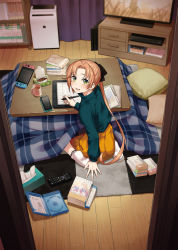 Rule 34 | 1girl, akigumo (kancolle), book, bookshelf, brown hair, cellphone, commentary request, controller, cup, curtains, cushion, drawing tablet, dvd case, green eyes, green sweater, hair ribbon, handheld game console, highres, holding, holding handheld game console, indoors, kantai collection, kotatsu, long hair, mug, nathaniel pennel, nintendo switch, official alternate costume, orange skirt, phone, pleated skirt, ponytail, remote control, ribbon, skirt, smartphone, solo, stylus, sweater, table, television, tissue box, wooden floor, zabuton