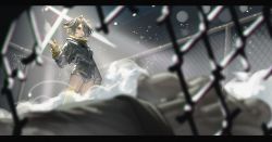 Rule 34 | 1girl, 1other, animal ears, arknights, backlighting, bear ears, beehunter (arknights), black eyes, black hair, black jacket, black shorts, broken fence, chain-link fence, clenched hand, fence, hair over one eye, highres, jacket, lanzi (415460661), letterboxed, long sleeves, open mouth, short hair, shorts, single thighhigh, solo focus, standing, thighhighs, v-shaped eyebrows, yellow thighhighs