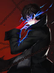 Rule 34 | 10s, 1boy, amamiya ren, black cape, black hair, black pants, brown eyes, cape, chain, fire, from side, gloves, grey shirt, highres, liangxieyue, looking at viewer, male focus, pants, persona, persona 5, red gloves, shirt, smile, solo