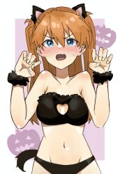 Rule 34 | 1girl, animal ears, bikini, black bikini, blue eyes, blush, breasts, brown hair, claw pose, cleavage cutout, clothing cutout, demon girl, demon wings, embarrassed, fake animal ears, fake tail, fang, halloween, halloween costume, heart cutout, highres, himagin20180321, long hair, looking at viewer, medium breasts, navel, neon genesis evangelion, open mouth, shiny skin, simple background, skin fang, smile, solo, souryuu asuka langley, sweat, swimsuit, tail, twintails, wings