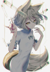 Rule 34 | 1girl, animal ears, ass, blonde hair, commentary request, flat chest, fox ears, fox girl, fox shadow puppet, fox tail, green eyes, green ribbon, hair between eyes, highres, jumpsuit, kudamaki tsukasa, looking at viewer, multicolored eyes, petite, ribbon, romper, sanamisa, short hair, short sleeves, simple background, smirk, solo, tail, test tube, touhou, tsurime, unconnected marketeers, vial, white background, white jumpsuit, wide hips, yellow eyes