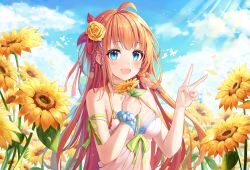 Rule 34 | 1girl, :d, ahoge, bare arms, bare shoulders, blue eyes, blue sky, blush, breasts, center opening, cleavage, cloud, cloudy sky, day, dress, flower, green ribbon, hair flower, hair ornament, hand up, highres, holding, holding flower, long hair, looking at viewer, medium breasts, niji (rudduf232), open mouth, orange hair, outdoors, pecorine (princess connect!), pecorine (summer) (princess connect!), petals, princess connect!, ribbon, rose, sidelocks, sky, smile, solo, sunflower, upper body, v, white dress, yellow flower