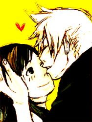 Rule 34 | 1990s (style), cloud strife, final fantasy, final fantasy vii, heart, kiss, lowres, monochrome, retro artstyle, sepia, simple background, spot color, tifa lockhart, yellow background