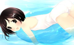 Rule 34 | 1girl, blush, brown eyes, brown hair, hair ornament, hairclip, one-piece swimsuit, school swimsuit, short hair, solo, swimming, swimsuit, water, white school swimsuit, white one-piece swimsuit