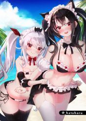Rule 34 | 2girls, animal ear fluff, animal ears, azur lane, bare shoulders, bikini, black bikini, black hair, black legwear, blush, breasts, cat ears, cleavage, closed mouth, clothes lift, commentary request, crossed bangs, day, detached collar, detached sleeves, fang, fang out, frilled bikini, frills, garter straps, grey hair, hair between eyes, hato haru, head tilt, highres, large breasts, long hair, looking at viewer, maid, maid bikini, maid headdress, micro bikini, multicolored hair, multiple girls, navel, open mouth, outdoors, pleated skirt, puffy short sleeves, puffy sleeves, red eyes, short sleeves, side-tie bikini bottom, sidelocks, skirt, skirt lift, sky, small breasts, smile, streaked hair, swimsuit, teeth, thick thighs, thighhighs, thighs, twintails, twitter username, u-47 (azur lane), unconventional maid, upper teeth only, vampire (azur lane), white legwear