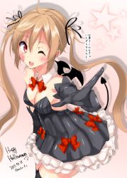 Rule 34 | 10s, 1girl, ;d, armpits, artist name, bat wings, black dress, black gloves, black ribbon, black thighhighs, blonde hair, blush, bow, bowtie, breasts, cleavage, collar, cowboy shot, dated, demon tail, dress, dress bow, frills, gloves, hair between eyes, hair ribbon, halloween costume, happy halloween, heart, heart tail, kantai collection, leaning forward, long hair, mokufuu, murasame (kancolle), one eye closed, open mouth, pointing, pointing at viewer, red bow, red bowtie, ribbon, simple background, small breasts, smile, solo, star (symbol), starry background, strapless, strapless dress, tail, text focus, thighhighs, translation request, very long hair, wings, zettai ryouiki