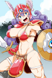 Rule 34 | 1girl, 41 (taskmaster41), absurdres, armor, bikini armor, breasts, dragon quest, dragon quest iii, highres, large breasts, open mouth, purple hair, shield, soldier (dq3), solo, square enix, sword, weapon