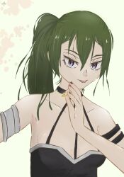Rule 34 | bare shoulders, breasts, gold, green hair, nail polish, petite, purple eyes, small breasts, solo, sousou no frieren, ubel (sousou no frieren)