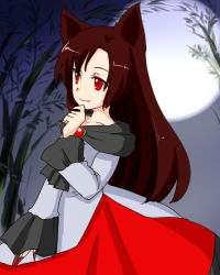 Rule 34 | 1girl, animal ears, bamboo, brown hair, dress, fang, full moon, gimicalmas, grabbing another&#039;s chin, hand on another&#039;s chin, imaizumi kagerou, lowres, moon, nail polish, red eyes, red nails, smile, touhou, wolf ears