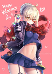 Rule 34 | 1girl, ahoge, artist request, artoria pendragon (all), artoria pendragon (fate), black coat, blonde hair, blue shirt, blue skirt, blush, breasts, brown eyes, chocolate, coat, contrapposto, covered erect nipples, cowboy shot, duffel coat, fate/grand order, fate (series), garter straps, glasses, heart, highres, hm (hmongt), holding, holding sword, holding weapon, long sleeves, looking at viewer, medium breasts, meme, miniskirt, mysterious heroine x (fate), mysterious heroine x alter (fate), mysterious heroine x alter (first ascension) (fate), navel, neckerchief, open clothes, open coat, parted lips, pink background, plaid, plaid scarf, pleated skirt, red-framed eyewear, red neckerchief, red scarf, saber (fate), saint quartz (fate), salt bae (meme), scarf, school uniform, semi-rimless eyewear, serafuku, shirt, short hair, simple background, skirt, solo, standing, stomach, sword, under-rim eyewear, unsheathed, valentine, watermark, weapon, web address, winter clothes, winter coat