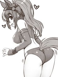 Rule 34 | 1girl, animal ears, ass, ass shake, back, bad id, bad pixiv id, bare shoulders, breasts, bridle, buruma, chestnut thoroughbred (kemono friends), clothing cutout, detached sleeves, extra ears, from behind, greyscale, heart, high ponytail, horse ears, horse girl, horse tail, impossible clothes, japan racing association, kemono friends, long hair, looking at viewer, midriff, monochrome, open mouth, sidelocks, sideways glance, smile, solo, sports bra, sportswear, tail, tail through clothes, totokichi