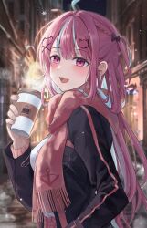 Rule 34 | 1girl, absurdres, black bow, black jacket, black sky, blue hair, blush, bow, braid, breasts, building, chie (user snfh8333), coffee, commentary request, cup, hair bow, hair ornament, hairclip, highres, holding, holding cup, hololive, jacket, light particles, long hair, long sleeves, looking at viewer, medium breasts, minato aqua, minato aqua (school uniform), multicolored hair, night, night sky, open mouth, outdoors, pink hair, red scarf, road, scarf, school uniform, shirt, sidelocks, sky, smile, solo, standing, streaked hair, street, teeth, upper body, upper teeth only, virtual youtuber, white shirt, winter