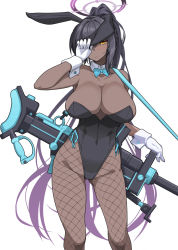 Rule 34 | 1girl, animal ears, anti-materiel rifle, aqua bow, aqua bowtie, bare shoulders, black hair, black leotard, blue archive, blush, bolt action, bow, bowtie, boys anti-tank rifle, breasts, cleavage, closed mouth, commentary request, curvy, dark-skinned female, dark skin, detached collar, fake animal ears, fishnet pantyhose, fishnets, gloves, gun, halo, highleg, highleg leotard, karin (blue archive), karin (bunny) (blue archive), kikunosukemaru, large breasts, leotard, long hair, looking at viewer, multicolored hair, official alternate costume, over shoulder, pantyhose, playboy bunny, ponytail, purple hair, rabbit ears, revision, ribbon, rifle, simple background, sniper rifle, solo, sweat, thong leotard, traditional bowtie, very long hair, weapon, weapon over shoulder, white background, white gloves, wide hips, wrist cuffs, yellow eyes