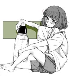Rule 34 | 1girl, akiyama yukari, bad id, bad twitter id, barefoot, bespectacled, blush, casual, closed mouth, commentary, from side, full body, girls und panzer, glasses, greyscale, highres, holding, hugging own legs, light blush, looking at viewer, monochrome, notice lines, pillow, ponpei (ponpeisanda), shirt, short hair, short sleeves, shorts, sitting, smile, solo, spot color, t-shirt, tank shell