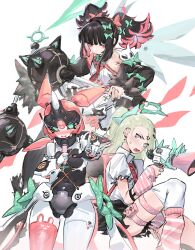 3girls \m/ absurdres aqua_bow aqua_eyes bare_shoulders black_hair black_skirt black_sleeves blonde_hair blunt_bangs blush bow breasts character_request colored_inner_hair detached_sleeves hair_bow hair_ornament hairclip highres holding holding_mace holding_megaphone holding_microphone holding_weapon leg_warmers long_hair looking_at_viewer mace megaphone microphone multicolored_hair multiple_girls nose_blush open_mouth pink_hair pink_leg_warmers pouch reallycute456 red_eyes shirt short_sleeves simple_background skirt sleeve_bow sleeveless sleeveless_shirt small_breasts striped_leg_warmers sweatdrop thigh_pouch thigh_strap thighhighs twintails two-tone_hair weapon white_background white_leg_warmers white_thighhighs zenless_zone_zero