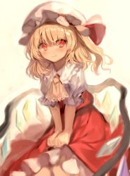 Rule 34 | 1girl, ascot, blonde hair, closed mouth, flandre scarlet, fuepo, hat, highres, mob cap, puffy short sleeves, puffy sleeves, red eyes, short hair, short sleeves, sitting, smile, solo, touhou, white hat, wings, yellow ascot, yellow background
