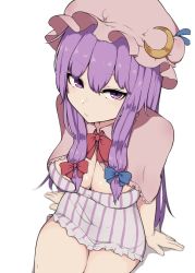 Rule 34 | 1girl, blue bow, bow, bowtie, breasts, camisole, capelet, cleavage, closed mouth, commentary request, crescent, from above, hair between eyes, hair bow, hat, highres, large breasts, long hair, looking at viewer, marsen, mob cap, patchouli knowledge, purple eyes, purple hair, red bow, red bowtie, sidelocks, simple background, sitting, solo, striped, striped camisole, thighs, touhou, vertical stripes, very long hair, white background