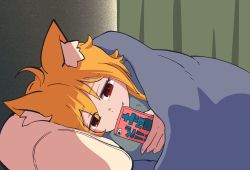 Rule 34 | 1girl, ahoge, animal ear fluff, animal ears, asymmetrical hair, bed, blonde hair, cellphone, closed mouth, commentary request, cookie (touhou), fang, fang out, fox ears, fox girl, fox tail, hair between eyes, highres, holding, holding phone, looking at phone, lying, medium hair, miramikaru riran, on side, phone, pillow, red eyes, sidelocks, smartphone, solo, tail, under covers, upper body, yan pai