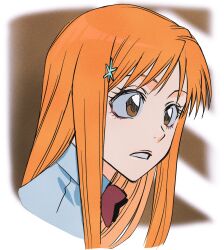 1girl bleach bow brown_eyes highres inoue_orihime karakura_high_school_uniform n_(nauki_11) orange_hair red_bow simple_background tagme