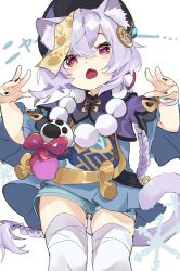 Rule 34 | 1girl, animal ear fluff, animal ears, bandages, bead necklace, beads, black nails, blue shorts, braid, cat ears, cat girl, cat tail, deitaku, fang, genshin impact, hair ornament, hat, jewelry, jiangshi, long hair, long sleeves, nail polish, necklace, ofuda, open mouth, paw print, pink eyes, purple hair, qingdai guanmao, qiqi (genshin impact), shorts, simple background, single braid, snowflakes, solo, tail, tassel, thighhighs, very long hair, white background, white thighhighs