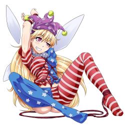 Rule 34 | 1girl, american flag dress, american flag legwear, armpit peek, arms behind head, arms up, bad id, bad twitter id, bdsm, blonde hair, bondage, bound, bound wrists, breasts, clothes pull, clownpiece, dress, fairy wings, full body, grin, hat, jester cap, long hair, medium breasts, microdress, neck ruff, ootsuki wataru, pantyhose, pantyhose pull, pink eyes, polka dot, shibari, shibari over clothes, short sleeves, simple background, sitting, sketch, smile, solo, star (symbol), star print, striped clothes, striped dress, striped pantyhose, touhou, transparent background, wings