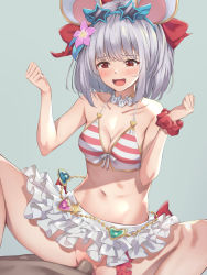 Rule 34 | 1boy, 1girl, animal ears, bare shoulders, bikini, blush, breasts, censored, choker, cleavage, clenched hands, clothed female nude male, clothed sex, cowgirl position, fake animal ears, frilled skirt, frills, girl on top, granblue fantasy, hair ornament, hairclip, happy sex, hetero, highres, kurowan, medium breasts, mosaic censoring, mouse ears, navel, nude, open mouth, penis, pussy, red eyes, sex, short hair, silver hair, skirt, smile, solo focus, spread legs, star-shaped eyewear, star (symbol), straddling, striped bikini, striped clothes, swimsuit, vaginal, vikala (blooming summer wallflower) (granblue fantasy), vikala (granblue fantasy), white skirt