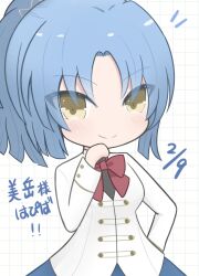 Rule 34 | 1girl, assault lily, blue hair, blue skirt, blunt ends, blush, bow, bowtie, buttons, character name, chibi, closed mouth, commentary request, grid background, hand on own chin, hand on own hip, hand up, happa no tanupon, happy birthday, herensuge girls academy school uniform, highres, jacket, long sleeves, looking at viewer, makino mitake, notice lines, parted bangs, ponytail, red bow, red bowtie, school uniform, skirt, smile, solo, translated, upper body, v-shaped eyebrows, white background, white jacket, yellow eyes