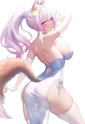 Rule 34 | 1girl, animal ears, annytf, ass, back, backless dress, backless outfit, bare shoulders, blush, breasts, closed mouth, commentary request, dress, elbow gloves, fingerless gloves, from behind, gloves, hair ornament, hand up, highres, indie virtual youtuber, large breasts, long hair, looking at viewer, looking back, nail polish, panties, ponytail, purple eyes, purple hair, side-tie panties, sidelocks, simple background, smile, solo, star (symbol), star hair ornament, studiopokotan, thighs, underwear, virtual youtuber, white background, white dress, white gloves, white panties