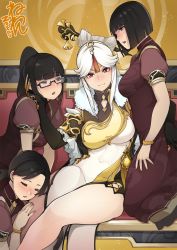 Rule 34 | 4girls, black hair, blush, breasts, china dress, chinese clothes, covered navel, dress, closed eyes, frilled sleeves, frills, fur trim, genshin impact, glasses, hair ornament, half-closed eyes, hand on another&#039;s face, harem, highres, large breasts, crossed legs, looking at viewer, multiple girls, neone, ningguang (genshin impact), ponytail, red eyes, sitting, white hair, yuri