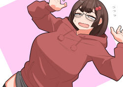 Rule 34 | 1girl, absurdres, asha, black-framed eyewear, blush, brown eyes, brown hair, center-flap bangs, commentary request, drawstring, dutch angle, glasses, grey shorts, hair ornament, hairclip, half-closed eyes, highres, hood, hood down, hoodie, long sleeves, medium hair, open hands, open mouth, original, pink background, pocket, pom pom (clothes), raised eyebrows, red hoodie, shorts, simple background, solo, sweatdrop, thick eyebrows, upper body, variant set, white background