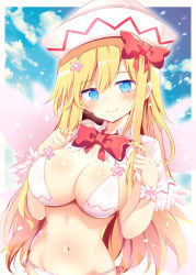 Rule 34 | 1girl, bikini, blonde hair, blue eyes, blue sky, blush, border, bow, bowtie, bra, breasts, cleavage, cloud, commentary, commission, day, fairy wings, hair between eyes, hair bow, hands up, head tilt, highres, large breasts, lily white, long hair, looking back, maturiuta sorato, navel, outdoors, red bow, red bowtie, short sleeves, shrug (clothing), sky, smile, solo, stomach, swimsuit, touhou, underwear, upper body, very long hair, white bikini, white border, white headwear, wings