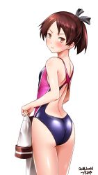 Rule 34 | 1girl, artist name, ass, back, blush, brown eyes, brown hair, brown sailor collar, competition swimsuit, dated, flat chest, hair ribbon, highres, kantai collection, looking at viewer, looking back, one-piece swimsuit, ponytail, ribbon, sailor collar, school uniform, serafuku, shikinami (kancolle), shirt, short ponytail, simple background, solo, swimsuit, tsuchimiya, undressing, white background