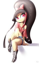 Rule 34 | 1girl, black hair, blunt bangs, bow, colored skin, creatures (company), crop top, day, female focus, full body, game freak, gen 3 pokemon, hair bow, humanization, long hair, looking to the side, mawile, midriff, multicolored hair, navel, nintendo, no humans, pink bow, pokemon, pokemon (creature), pokemon rse, ponytail, red eyes, rilex lenov, shorts, simple background, sitting, smile, solo, streaked hair, white background, yellow skin