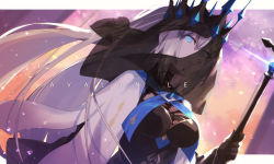 Rule 34 | 1girl, black dress, black gloves, black veil, blue eyes, breasts, choker, collar, crown, dress, english text, fate/grand order, fate (series), gloves, hair between eyes, highres, holding, holding staff, holding weapon, long hair, looking at viewer, medium breasts, morgan le fay (fate), morgan le fay (queen of winter) (fate), platinum blonde hair, ponytail, solo, spiked collar, spikes, staff, tia (cocorosso), upper body, veil, weapon