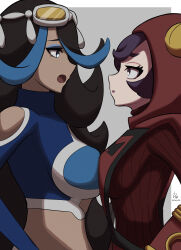 Rule 34 | 2girls, absurdres, black hair, blue hair, breast press, clothing cutout, courtney (pokemon), creatures (company), crop top, dark-skinned female, dark skin, game freak, goggles, goggles on head, highres, hood, hooded vest, hoodie, ida (idalol490), long hair, looking at another, midriff, multicolored hair, multiple girls, nintendo, open mouth, pokemon, pokemon oras, purple hair, red sweater, ribbed sweater, shelly (pokemon), short hair, shoulder cutout, sweater, twitter username, two-tone hair, upper body, vest